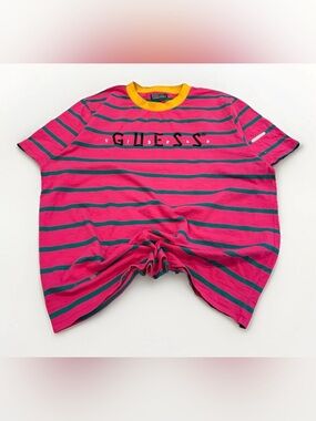Guess x J Balvin T-Shirt Size 2XL Pink Striped Retro 90s Collab
